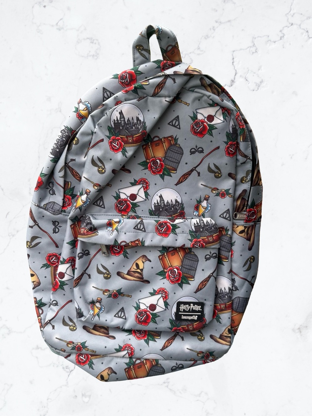 Harry Potter Themed Grey Backpack with Red Rose Accents